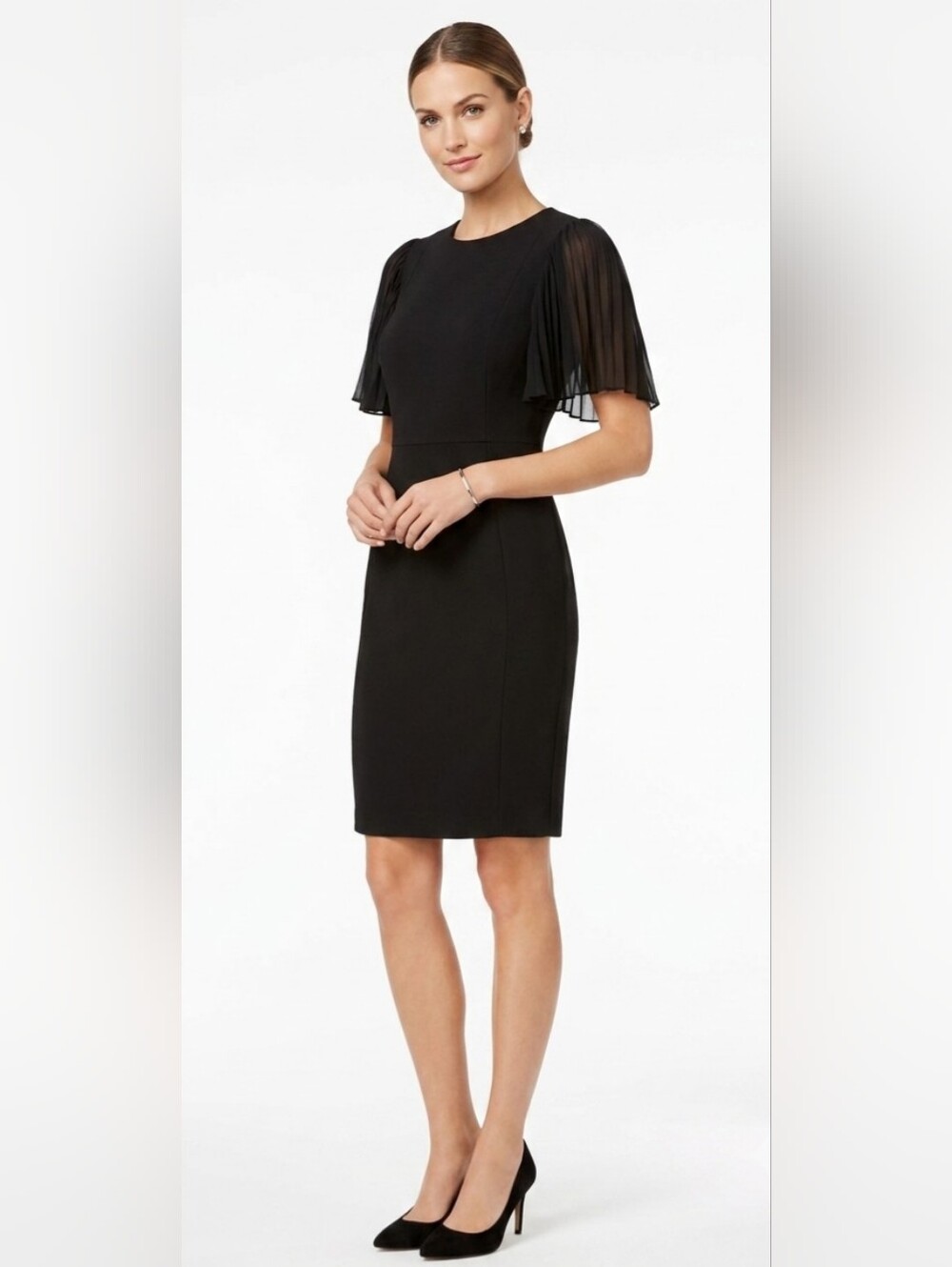 Calvin Klein Black Midi Sheath Dress with Pleated Flutter Sleeves Size 2